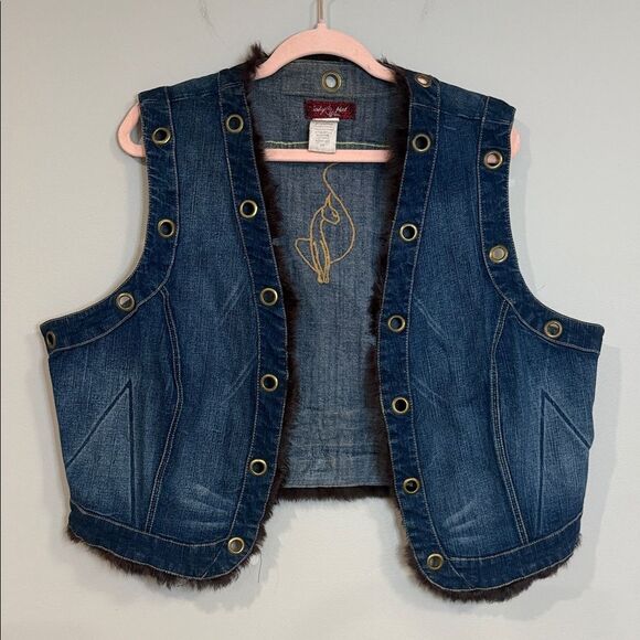 Baby Phat Jackets & Blazers - Baby Phat Y2K vintage blue denim vest with fur and gold eyelet details